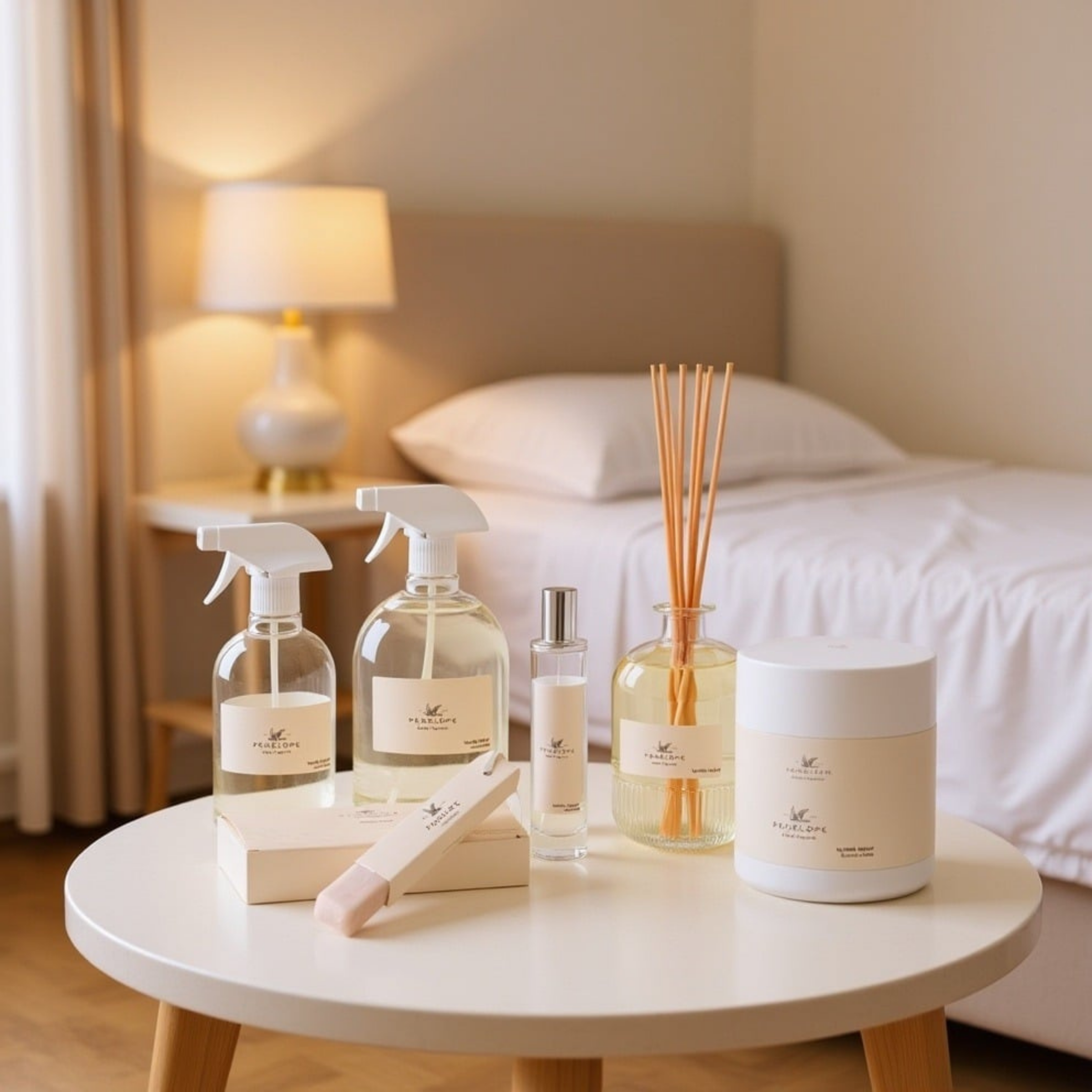 LUMIÈRA luxury fragrance diffusers and room sprays displayed on wooden tray in elegant minimalist setting