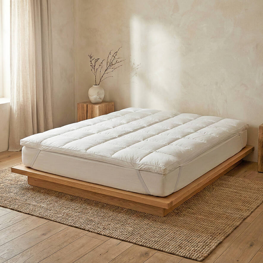 Premium white Fibra Topper mattress topper with breakfast tray on luxurious hotel-style bed